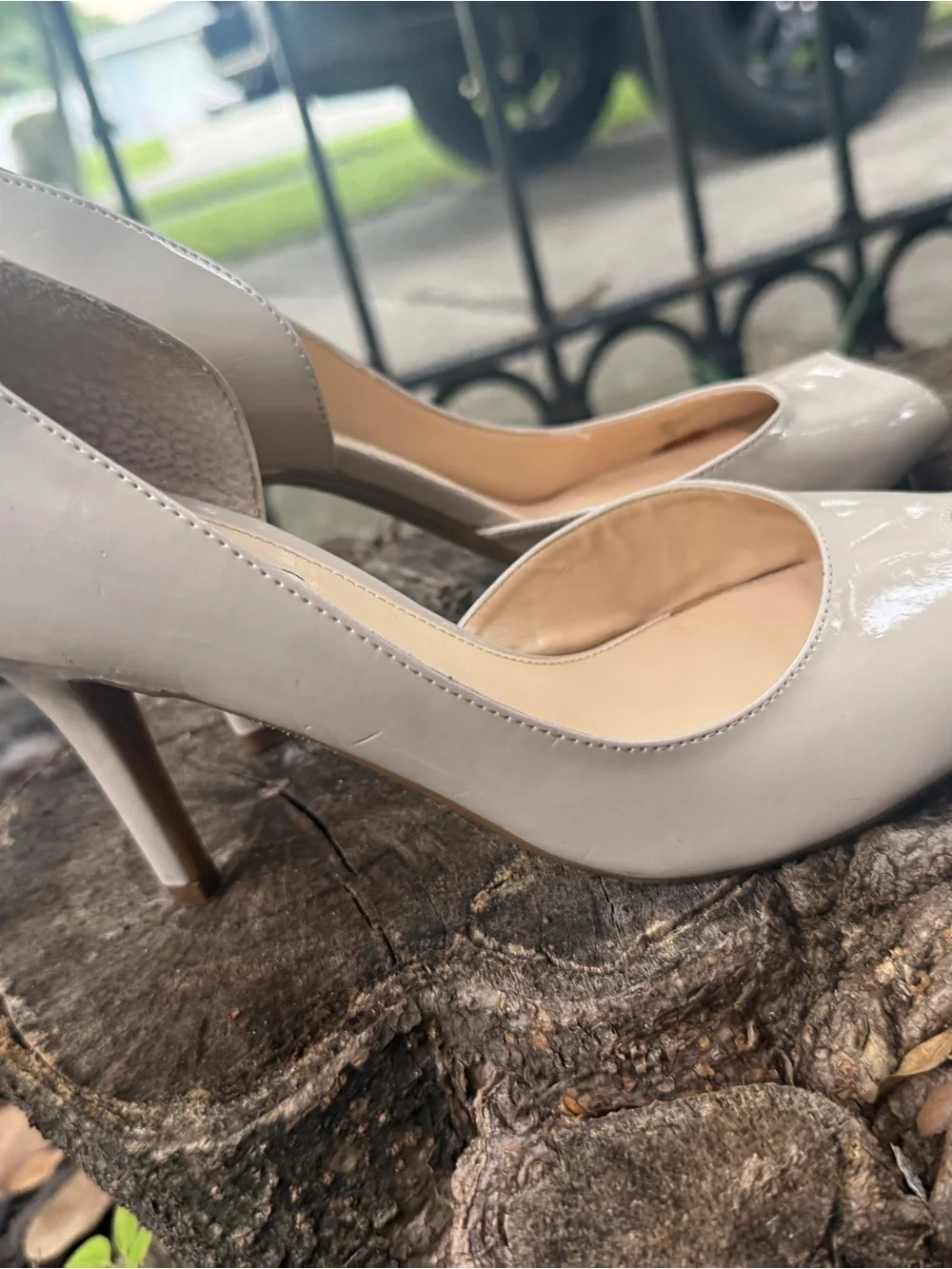 Marc Fisher Patent Open-Toe Pumps in Beige